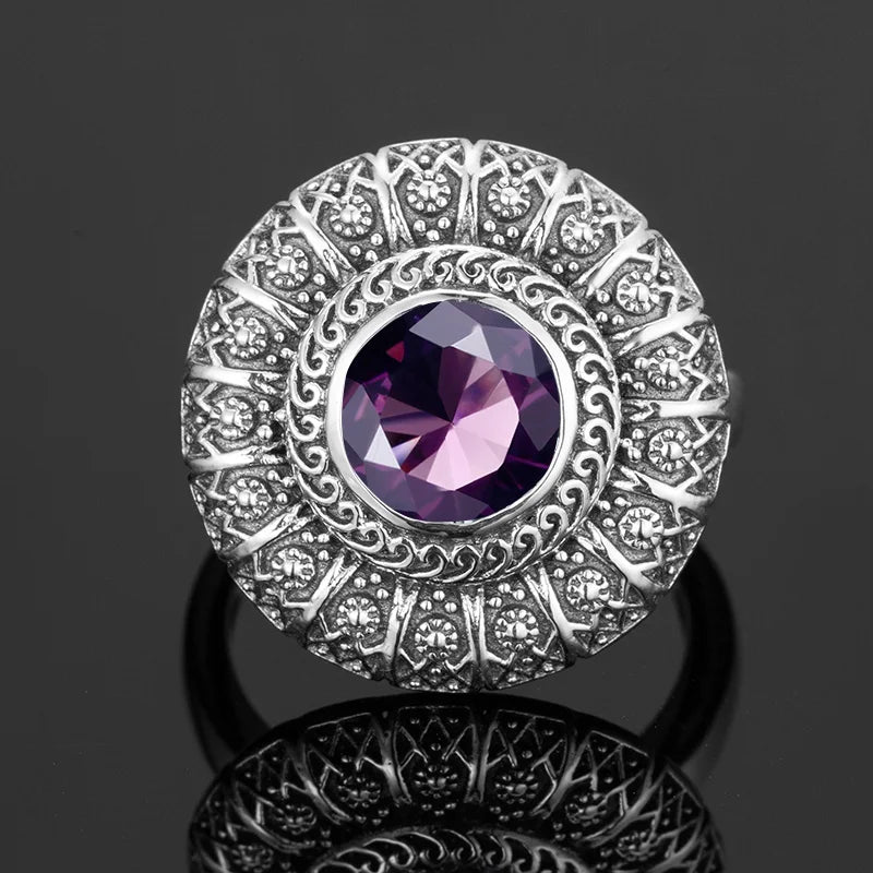 Ring Flower Round Women Silver 925 Ring Vintage Carve White Gold Ring Prong Setting Wedding Jewelry