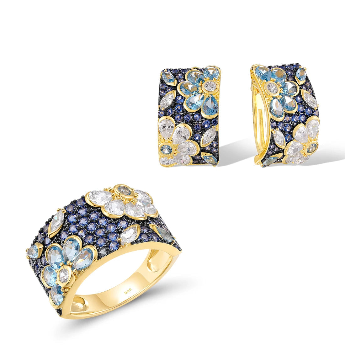 925 Sterling Silver Jewelry Set Black/Blue /Red Spinel Flower