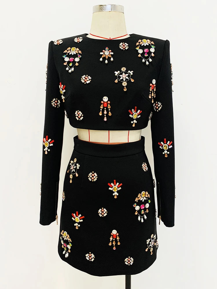 HIGH STREET Newest Designer Runway Suit Set Women's O-neck Zip Back Cropped Tops Mini Skirt Set 2pcs