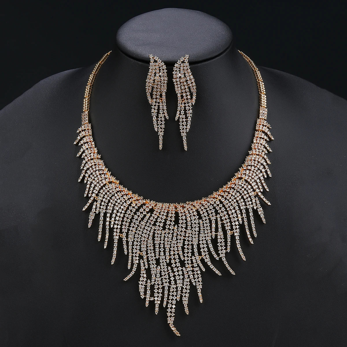 Luxury 2Pcs White ,Gold Necklace Earrings Set Cubic Zircon Women Wedding Party Jewelry Set CN11239