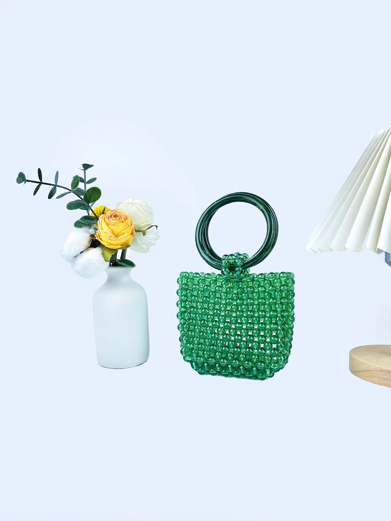 New retro handmade beaded bucket bag for women's spring and autumn woven fashionable green bead circular ring handbag