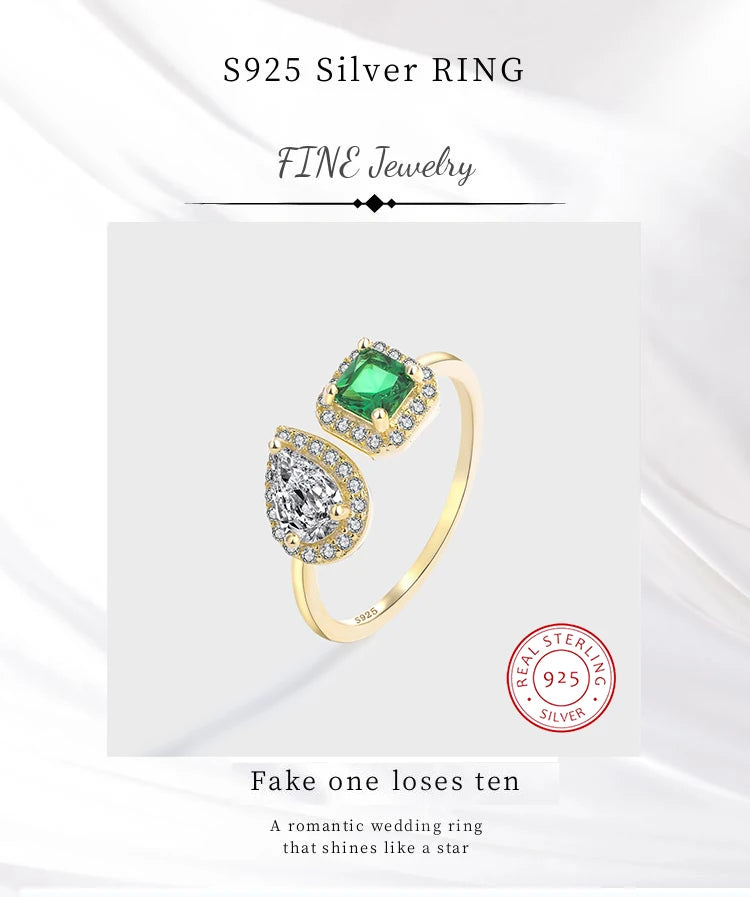 Creative 18K Gold Square Green Oval Full Diamond Original Sterling Silver Jewelry