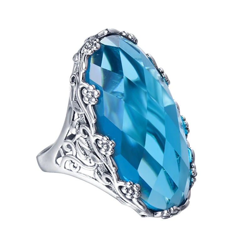 Green Stone Crystal Ring Big Stone Flower Pure 925 Sterling Silver Ring Classic Vintage Jewelry