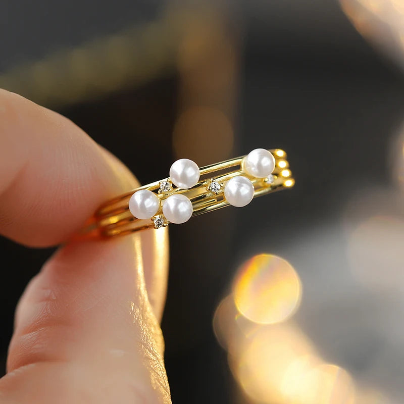 Fashionable and Versatile Authentic S925 Silver 14K Gold Multi-layered Wrapped Pearl Ring Simple Niche Design