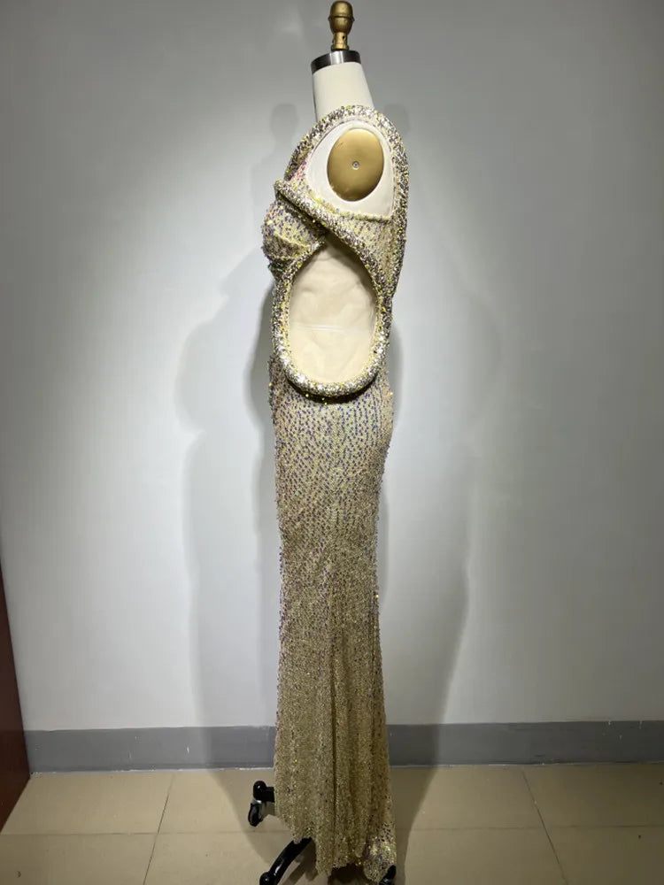 High Quality Women Sexy One Shoulder Shinning Sequins Bodycon Long Dress Fashion Elegant Evening Party