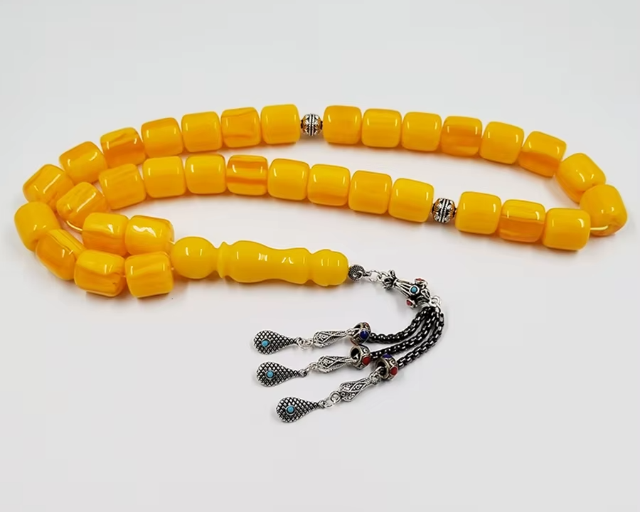 Turkish design Tasbih  yellow resin Tibetan silver tassels