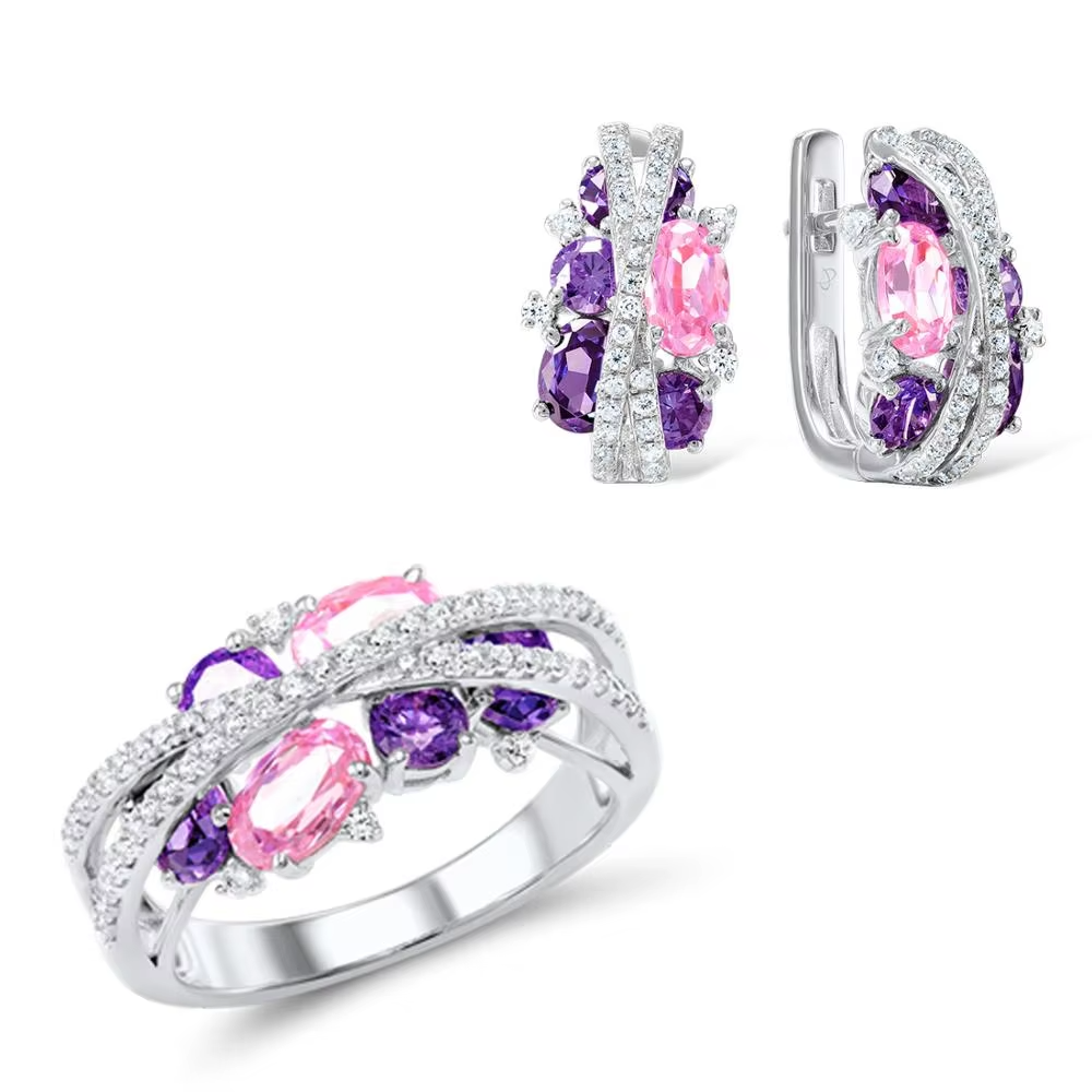 925 Silver Jewelry Set  Purple Pink  Zirconia  Luxury