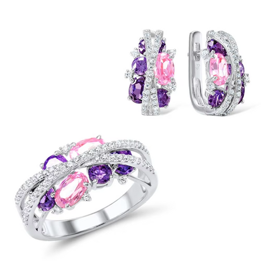 925 Silver Jewelry Set  Purple Pink  Zirconia  Luxury