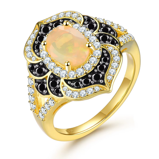 Natural Opal Black Spinel Silver Yellow Gold Plated Ring 2.5 Carats Genuine  Luxury