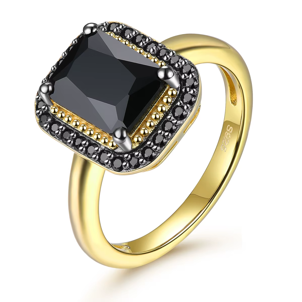 Natural Black Spinel Sterling Silver Yellow Gold Plated 2.6 Carats Genuine Gemstone Classic  Luxury