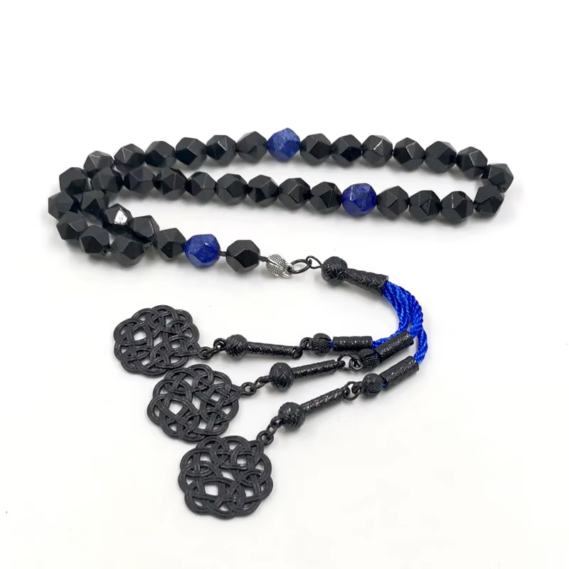 Tasbih Gemstone Rhombus Natural Black Onyx with lapis lazuli stone Muslim Prayer Beads  Misbaha Islamic Rosary Arabic