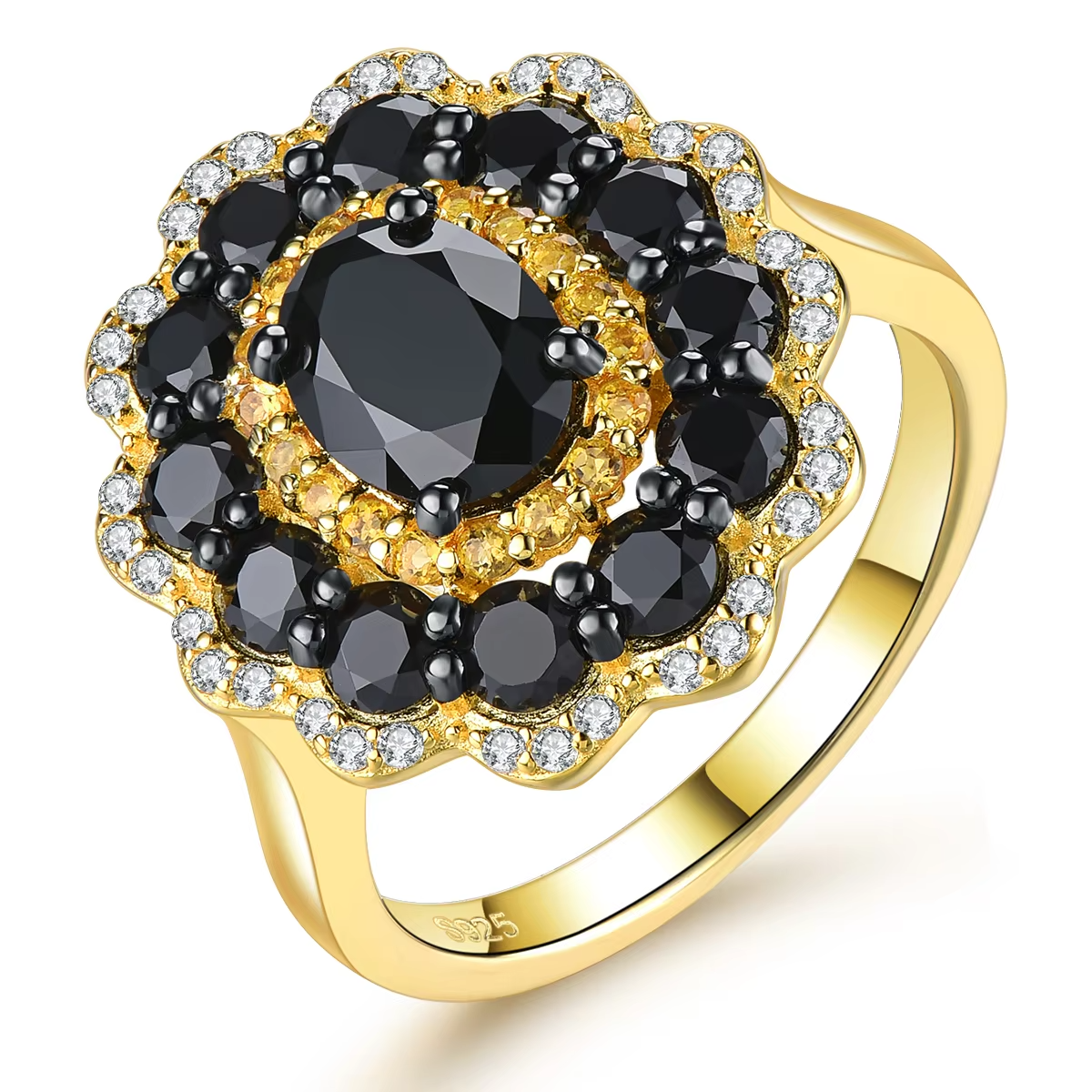 Natural Black Spinel Citrine Silver Rings 3.5 Carats Gemstones Yellow Gold Plated  Jewelry Original