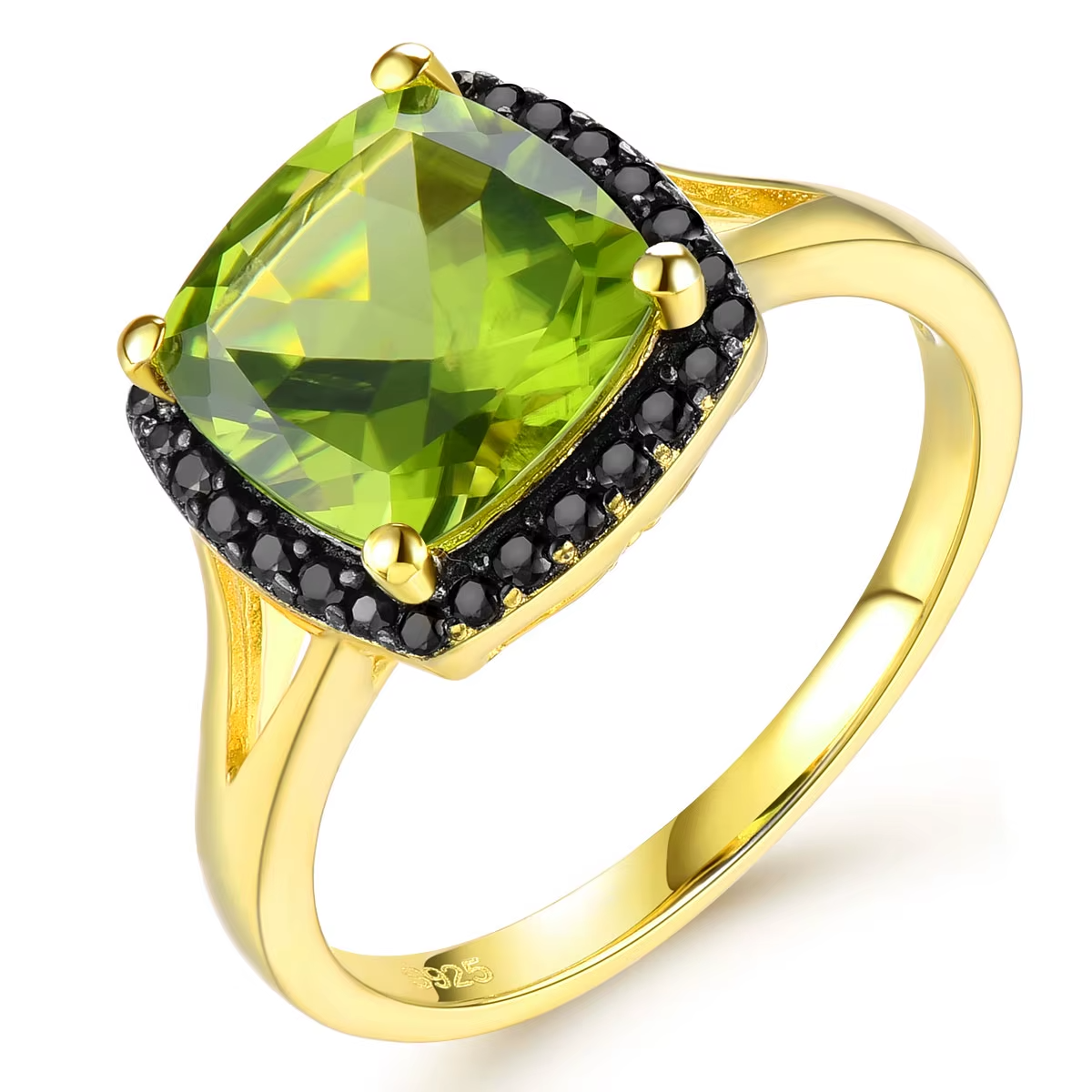 Natural Peridot Black Spinel Silver Yellow Gold Plated Ring 3 Carats Genuine Gemstone Speical Design Top Quality