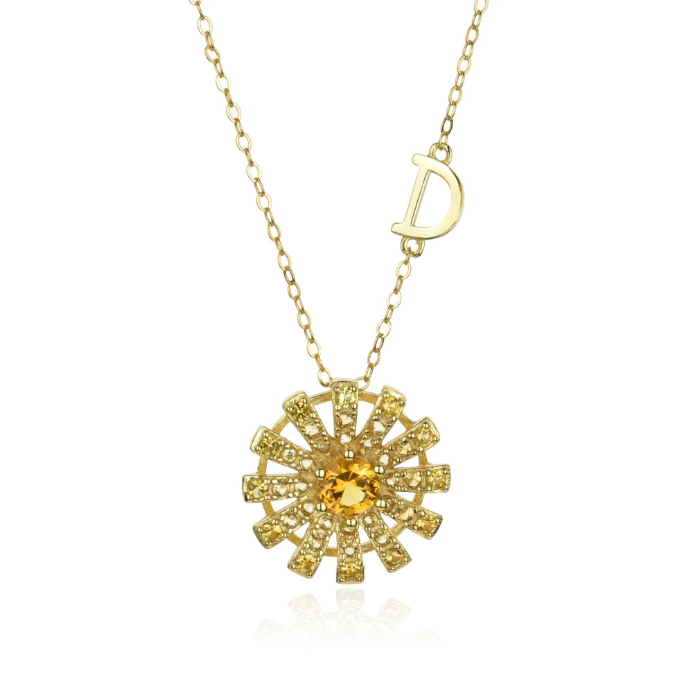 925 Sterling Silver Gold Yellow Sun Flower Crystal Blossom Pendant Long  Necklace  Jewelry