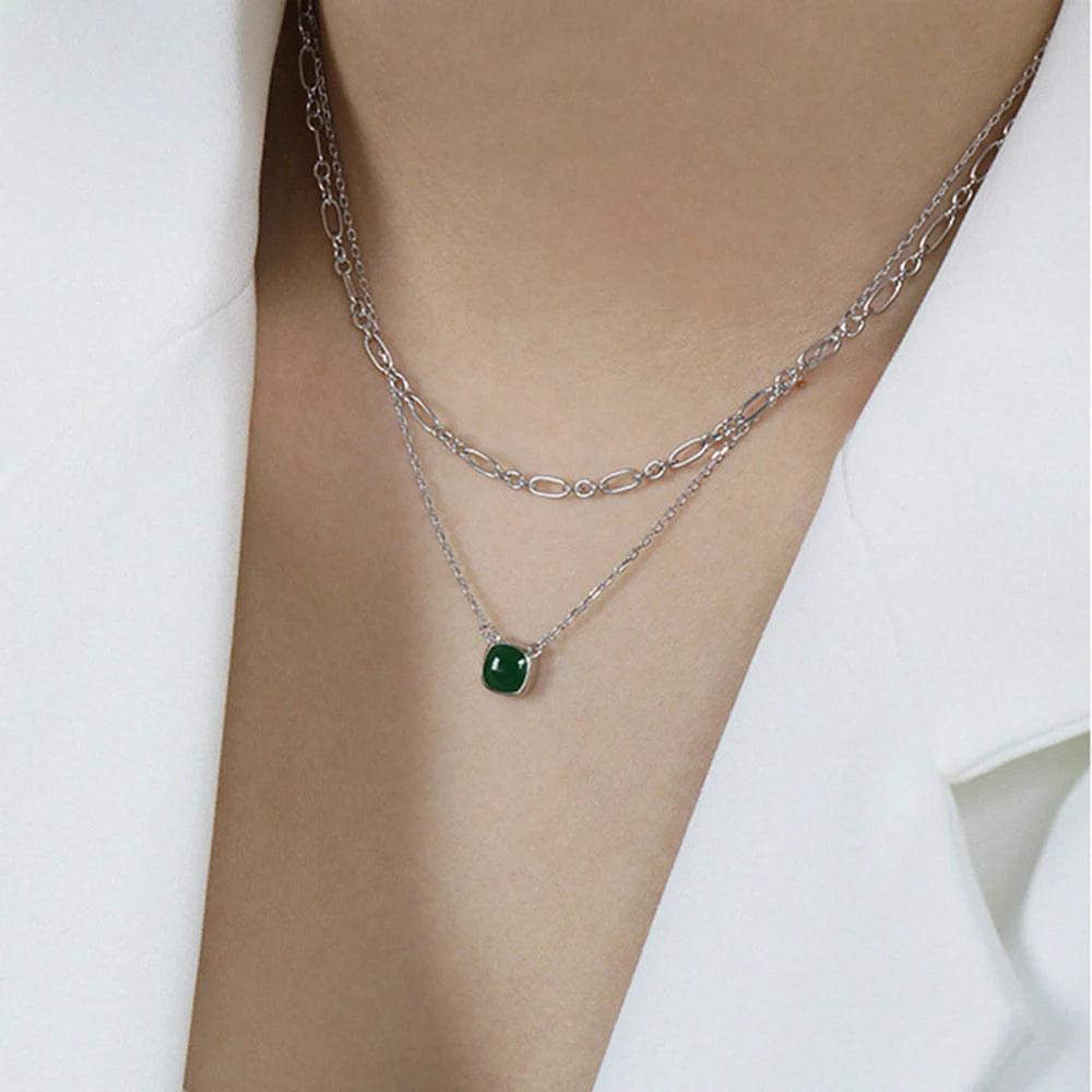 100% 925 Sterling Silver Gold Pendant Green  Long Chain Necklace  Jewelry