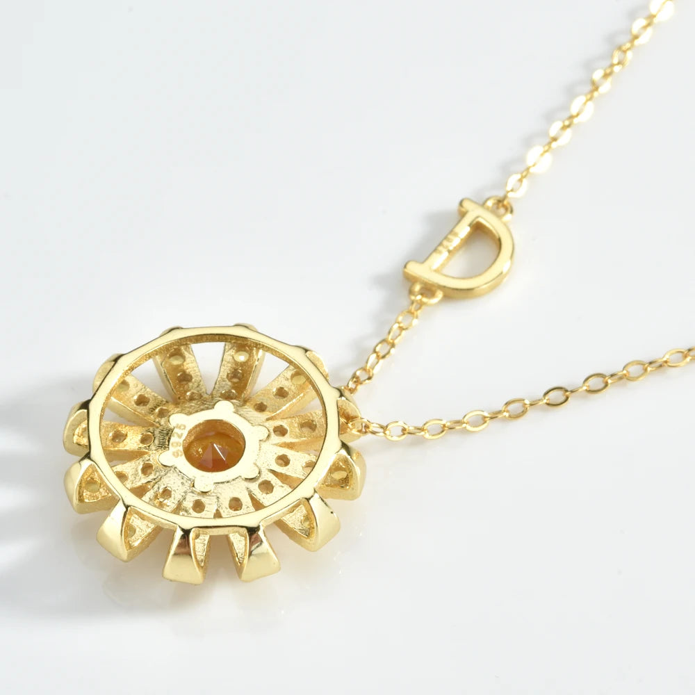 925 Sterling Silver Gold Yellow Sun Flower Crystal Blossom Pendant Long  Necklace  Jewelry