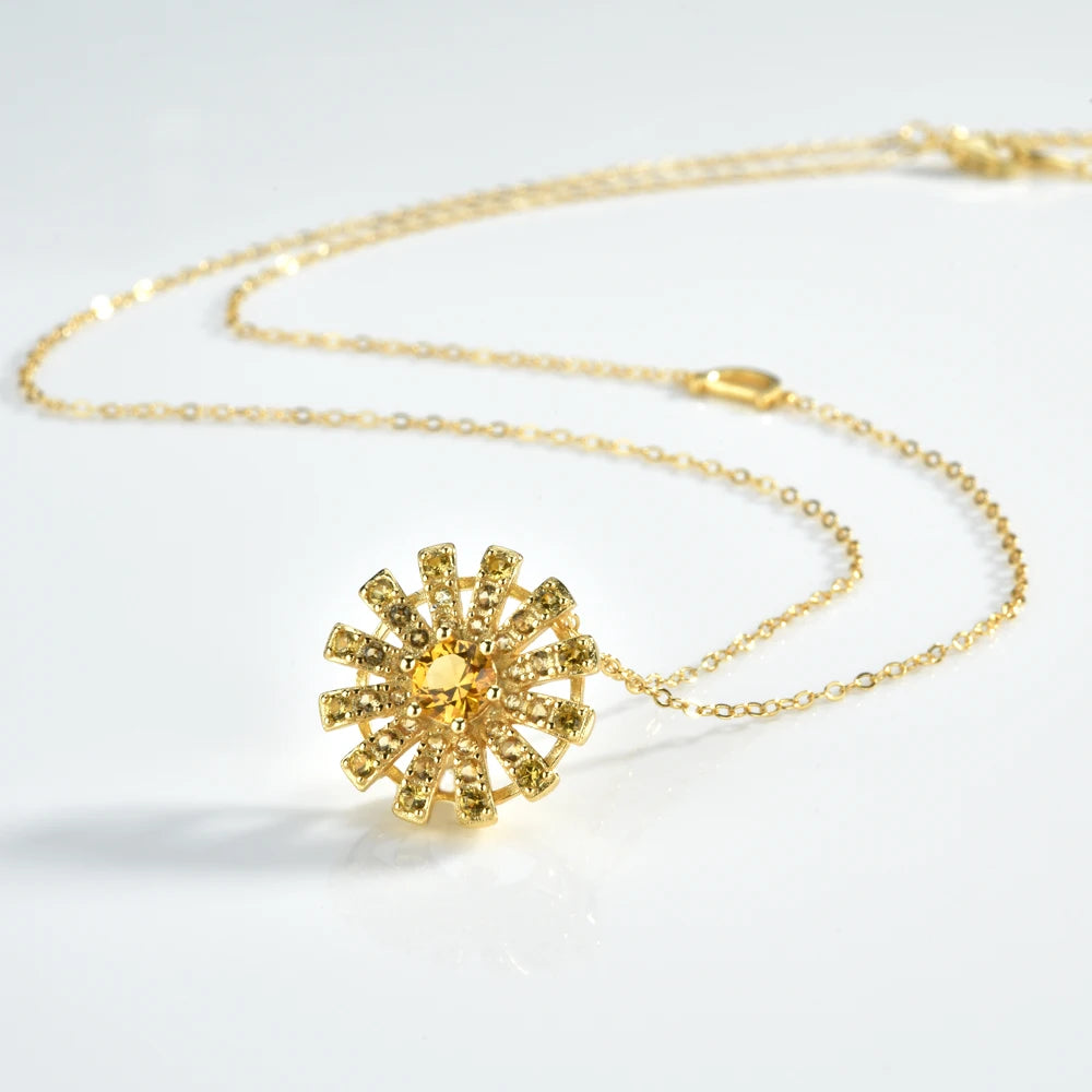 925 Sterling Silver Gold Yellow Sun Flower Crystal Blossom Pendant Long  Necklace  Jewelry