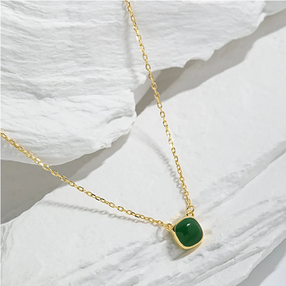 100% 925 Sterling Silver Gold Pendant Green  Long Chain Necklace  Jewelry