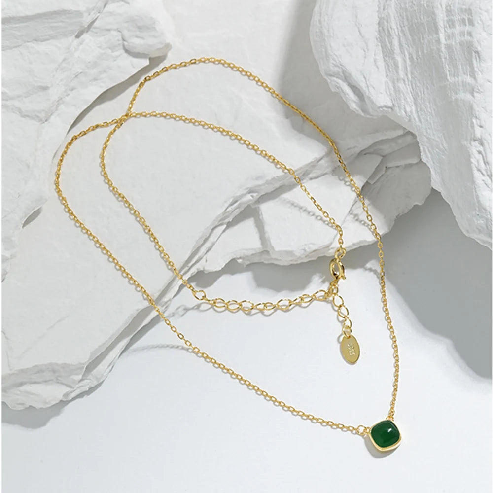 100% 925 Sterling Silver Gold Pendant Green  Long Chain Necklace  Jewelry