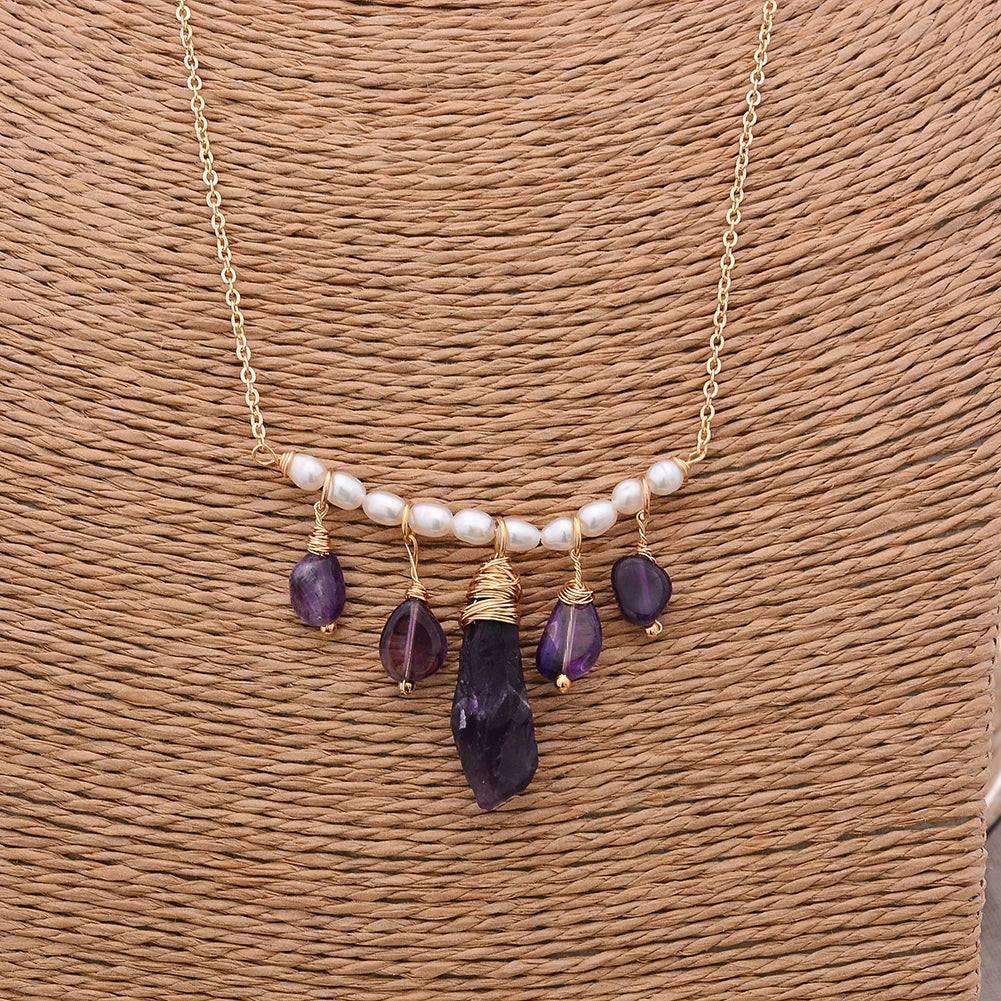 Original Handmade 14K Gold Filled Natural Irregular Amethyst Freshwater Pearl Ladies Pendant Necklace Jewelry