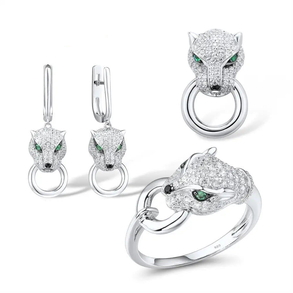 925 Sterling Silver Jewelry Set  Green Eyes  Leopard