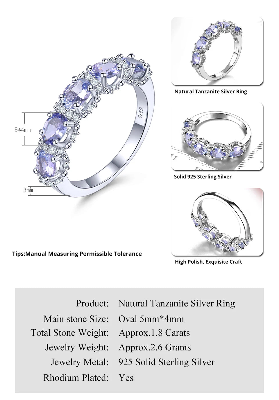 Natural Tanzanite Silver Rings 1.8 Carat Faced Cut Tanzanite Gemstone Jewelry Elegant Classic Style S925