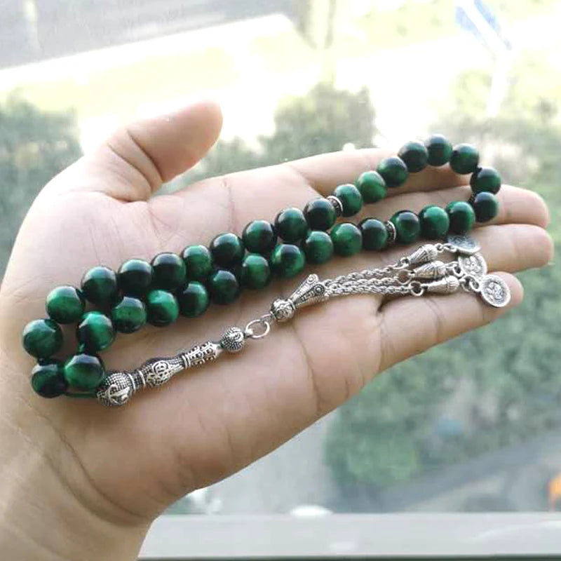 Prayer beads Natural Green tiger eye stone Tasbih Metal Silvers tassels Muslim Misbaha Accessories bracelet Turkish jewelry