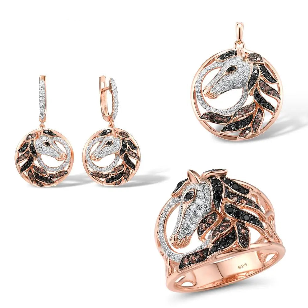 Set  Pure 925 Sterling Silver Creative Black Brown Horse  Set Jewelry