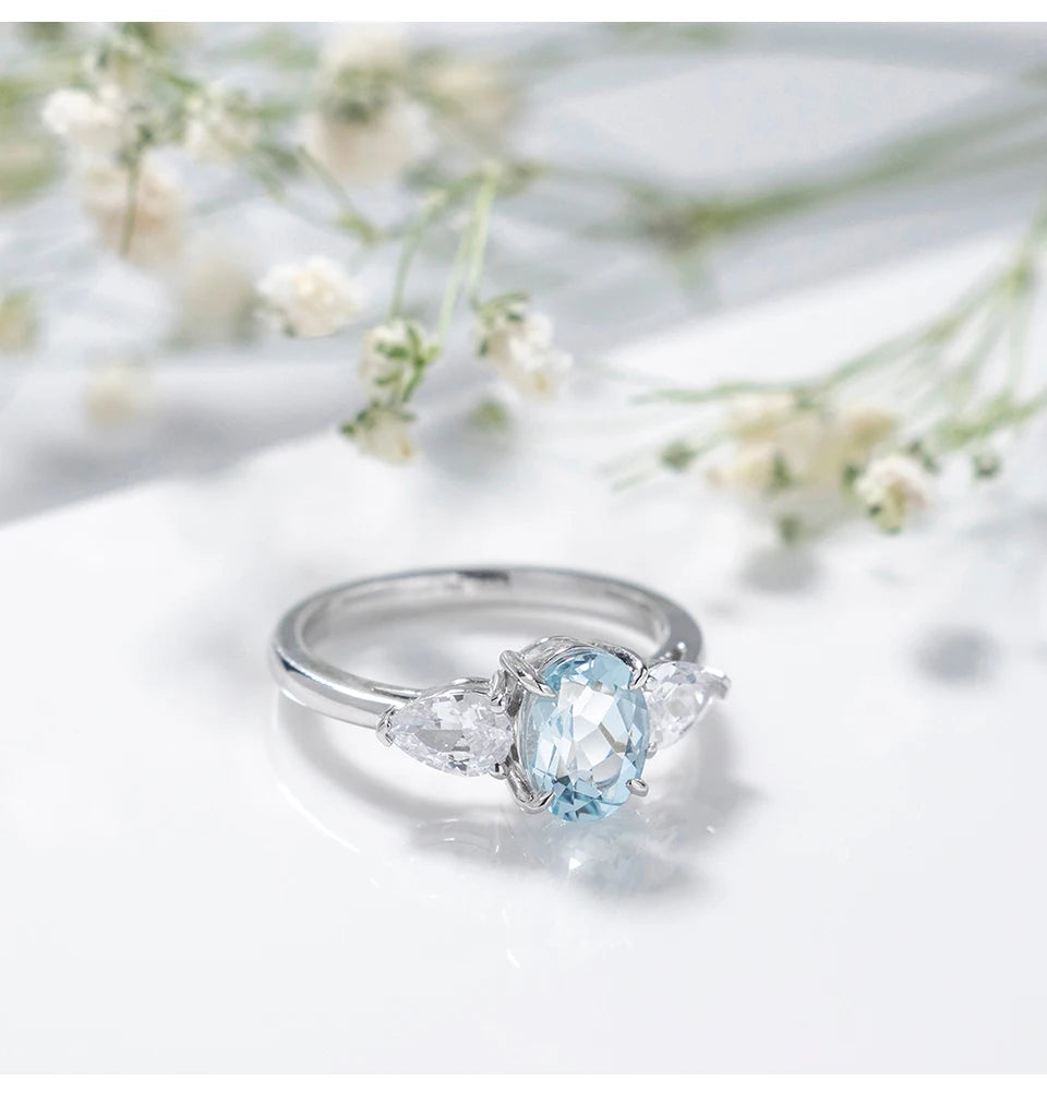 Natural Aquamarine Sterling Silver Rings 3.6 Carats Genuine Aquamarine Gemstone Light Blue Faced Cut Classic Style S925 Jewelry