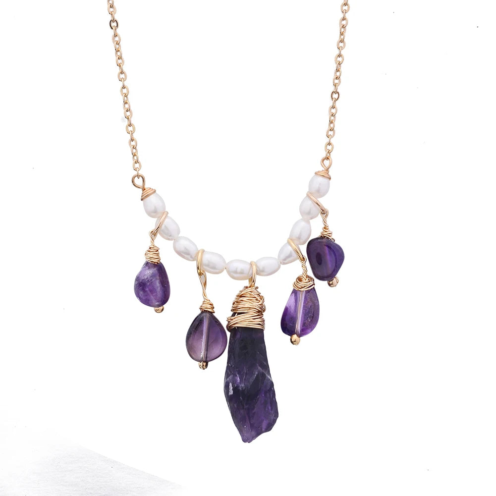 Original Handmade 14K Gold Filled Natural Irregular Amethyst Freshwater Pearl Ladies Pendant Necklace Jewelry