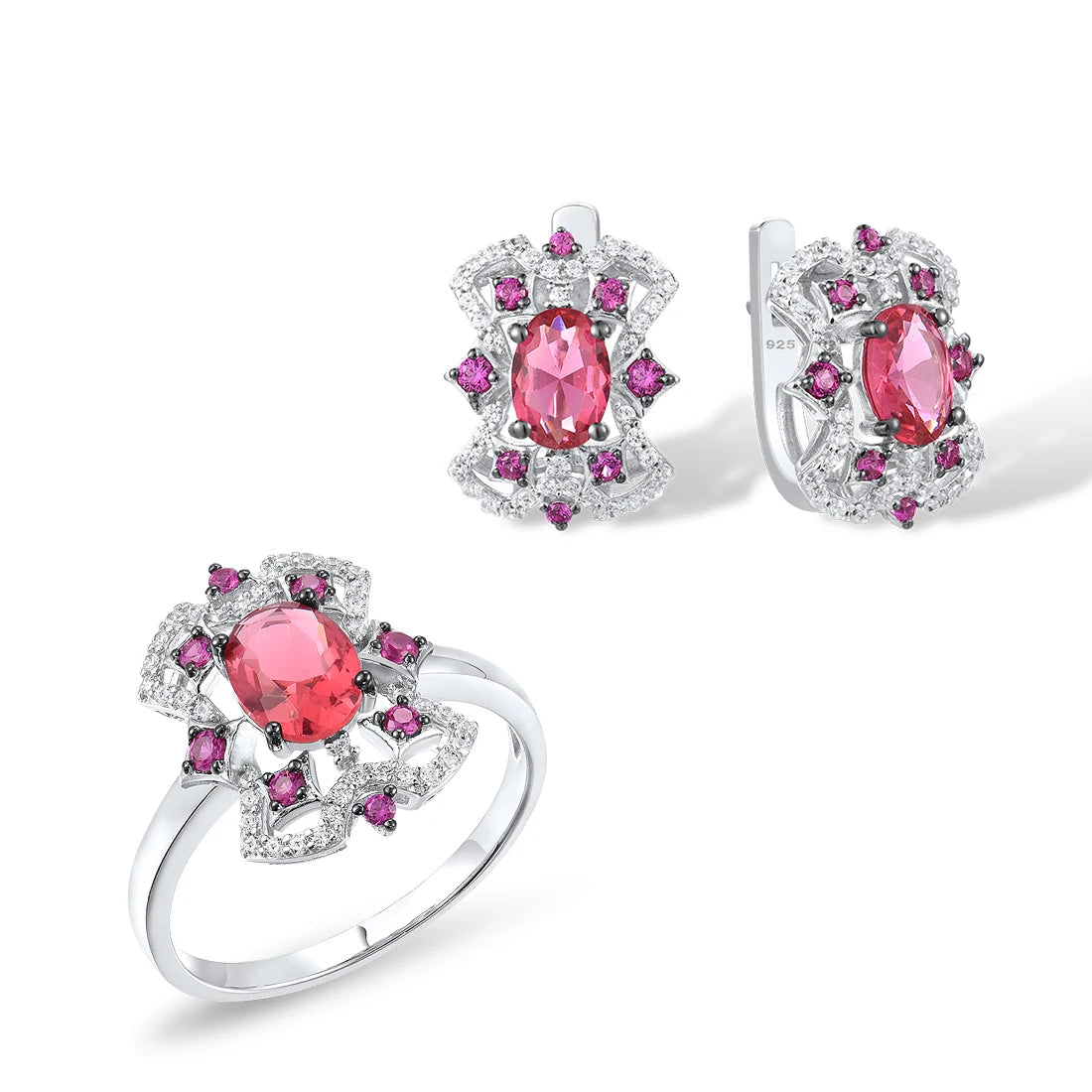 Set 925 Sterling Silver  Pink Red Stones  Jewelry