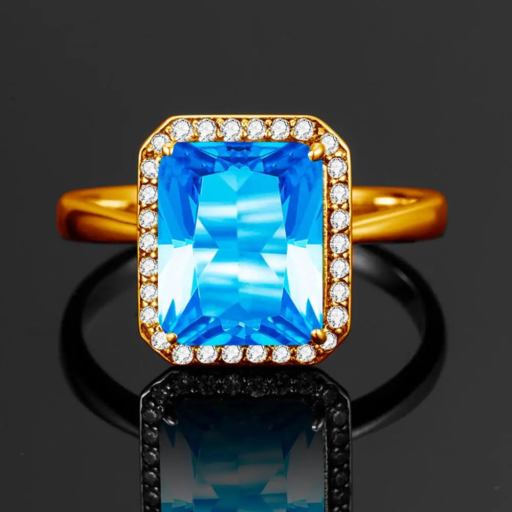 Blue Topaz Gold Ring 18K Gemstone Rings For Women With Diamonds Jewelry