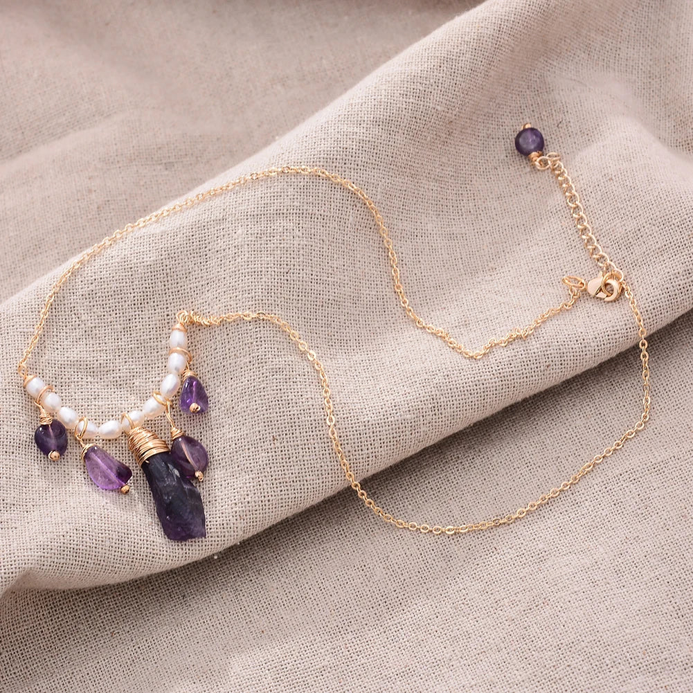 Original Handmade 14K Gold Filled Natural Irregular Amethyst Freshwater Pearl Ladies Pendant Necklace Jewelry