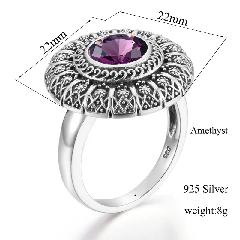 Ring Flower Round Women Silver 925 Ring Vintage Carve White Gold Ring Prong Setting Wedding  Jewelry