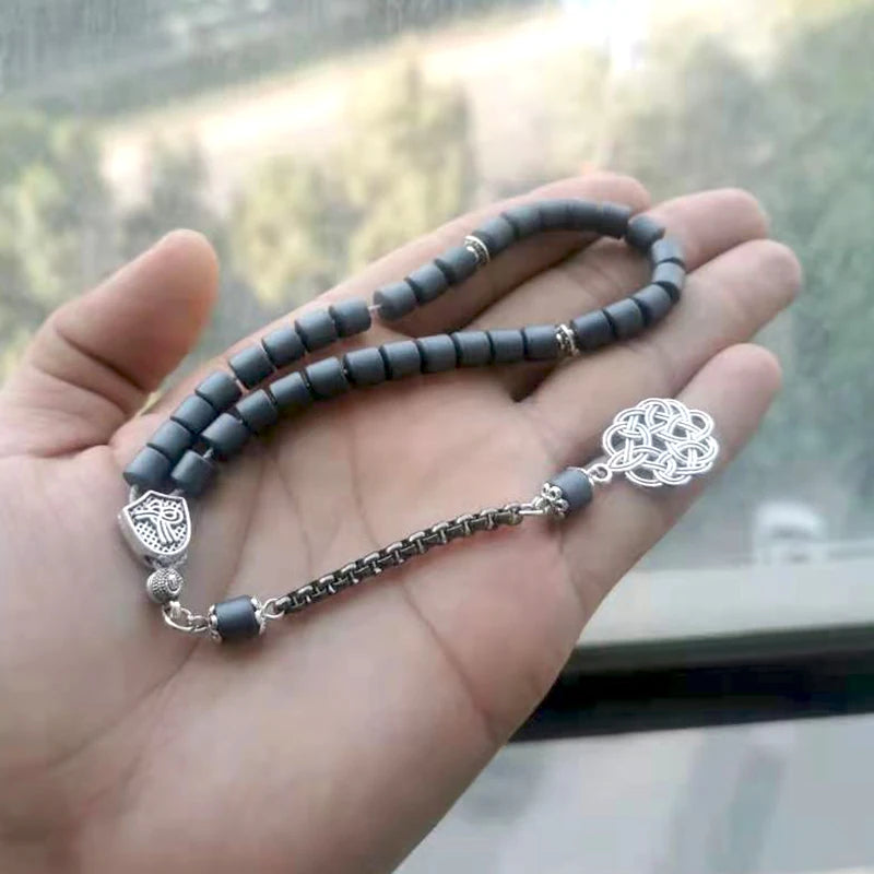 Muslim Tasbih Natural Hematite grey Matte Rosary bead prayer beads Islamic bracelet Ramadan gift pocket Misbaha