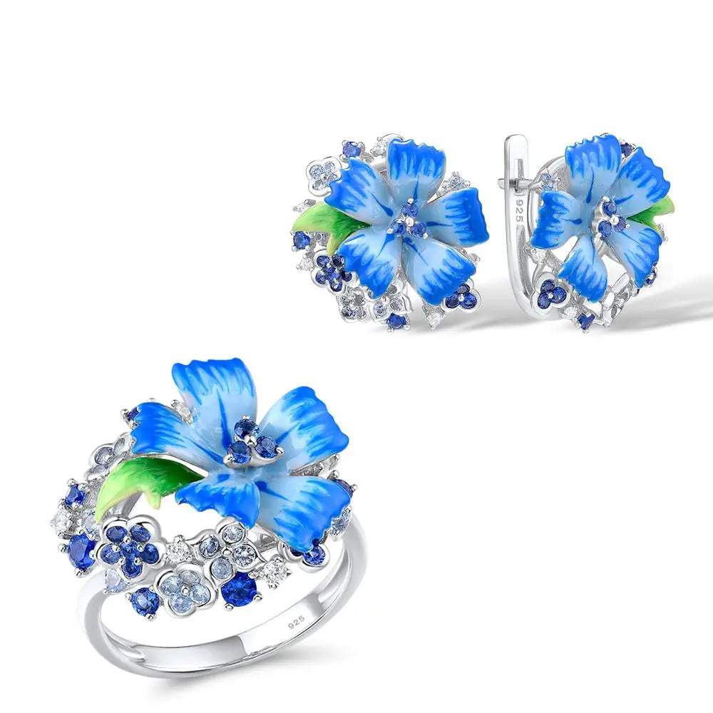 925 Silver Jewelry Set  Blue Flower