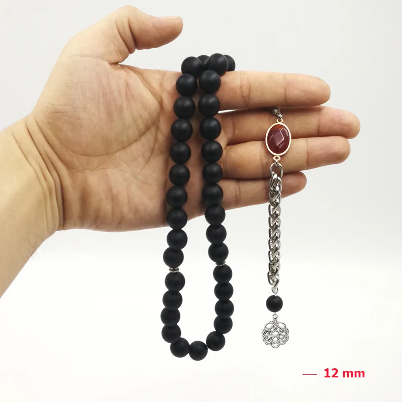 Natural Frosted black agates tasbih with Red Agates  Special Metal tassel Onxy  prayer beads Bracelets