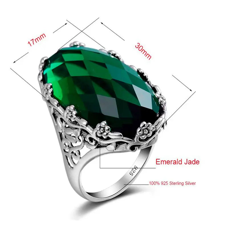 Green Stone Crystal Ring Big Stone Flower Pure 925  Sterling Silver Ring Classic Vintage Jewelry