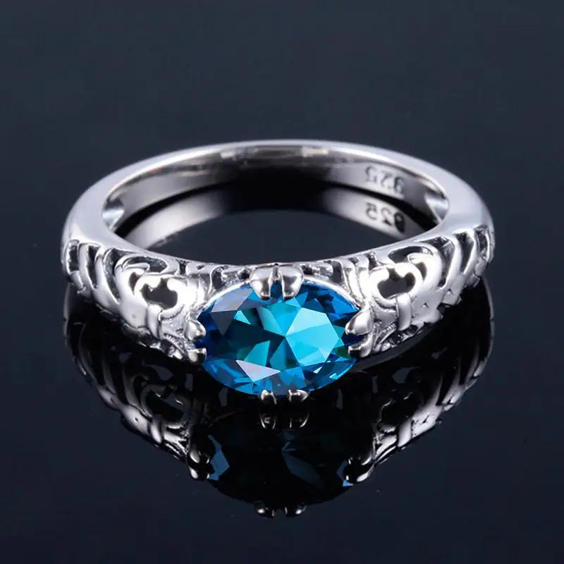 925 Sterling Silver Ring Blue Stone Crystal Vintage Style Rings