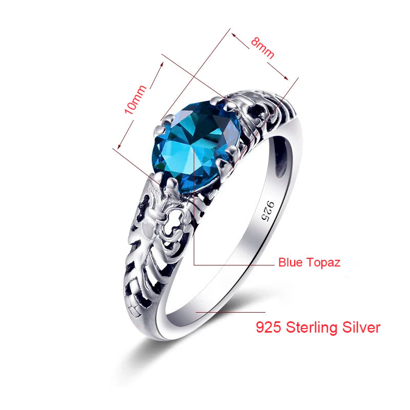 925 Sterling Silver Ring Blue Stone Crystal Vintage Style Rings