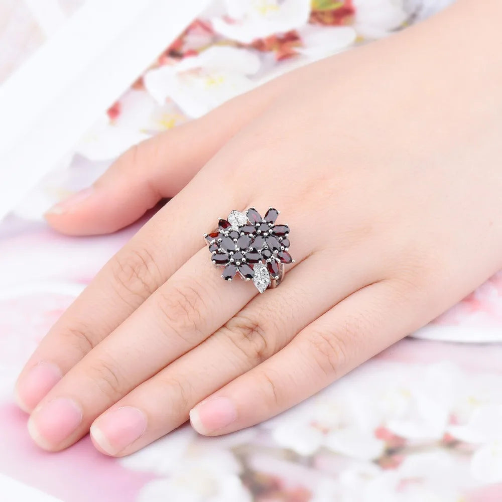 Hutang 5.26ct Cluster Garnet Women's Ring Solid 925 Sterling Silver Natural Red