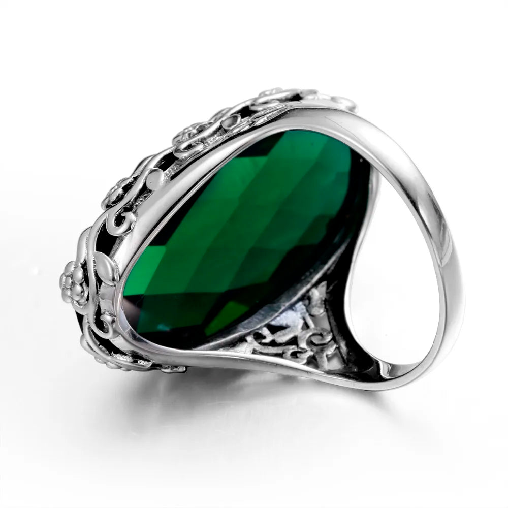 Green Stone Crystal Ring Big Stone Flower Pure 925  Sterling Silver Ring Classic Vintage Jewelry