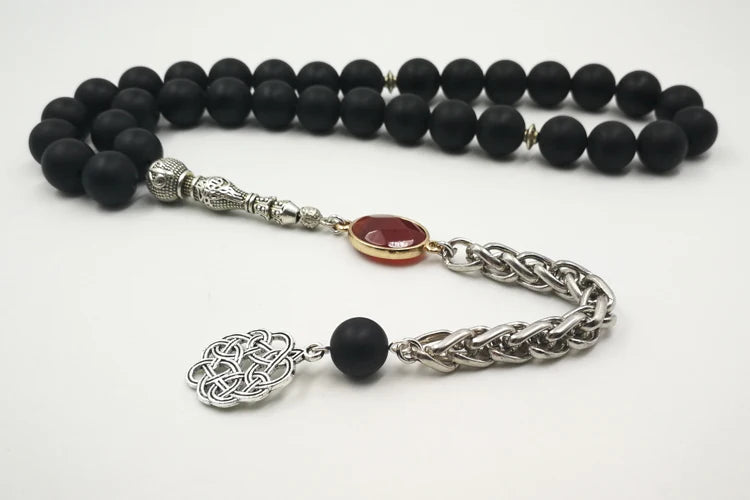 Natural Frosted black agates tasbih with Red Agates  Special Metal tassel Onxy  prayer beads Bracelets