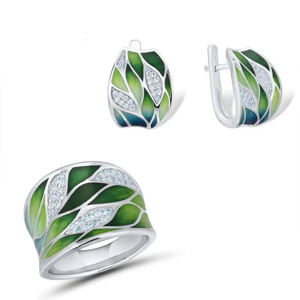 925 Silver Jewelry Set  Green Bamboo Leaves