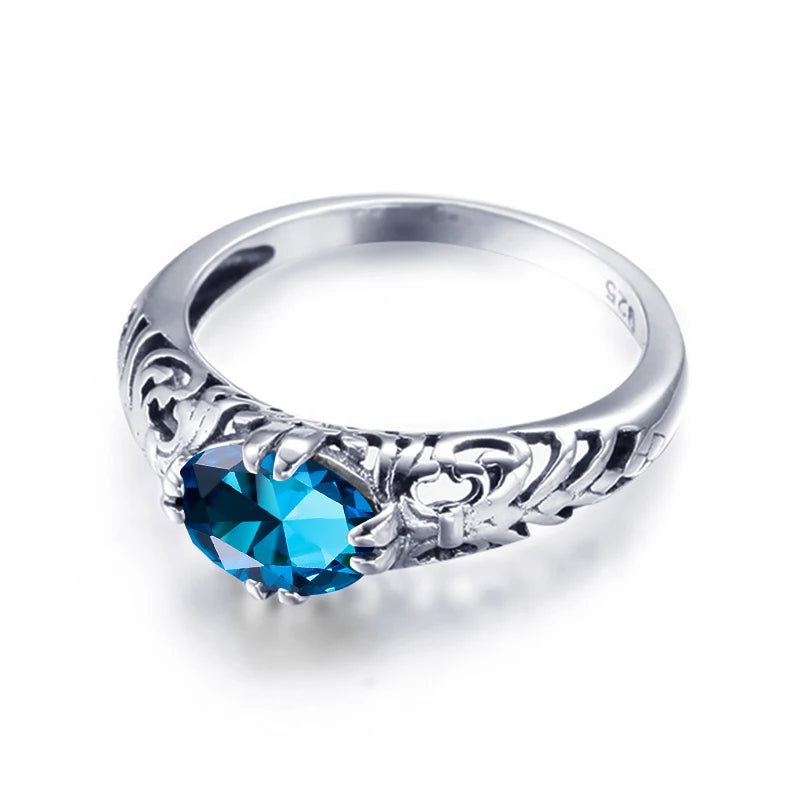 925 Sterling Silver Ring Blue Stone Crystal Vintage Style Rings