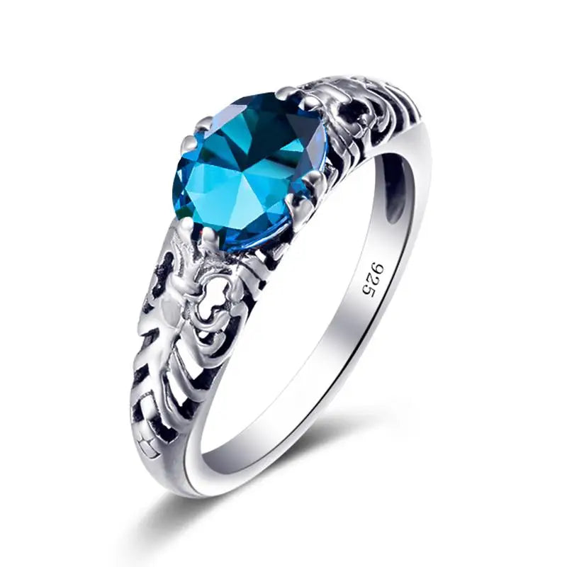 925 Sterling Silver Ring Blue Stone Crystal Vintage Style Rings