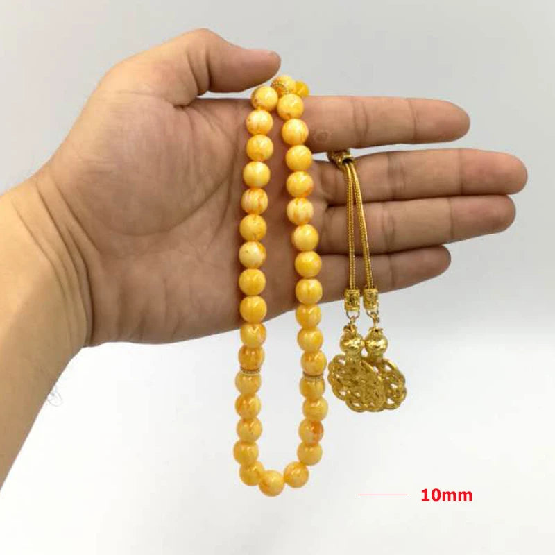 Muslim Rosary Yellow resin  beads Tasbih gift Ramadan Golden metal tassel Tarbons Misbaha Islamic Bracelets