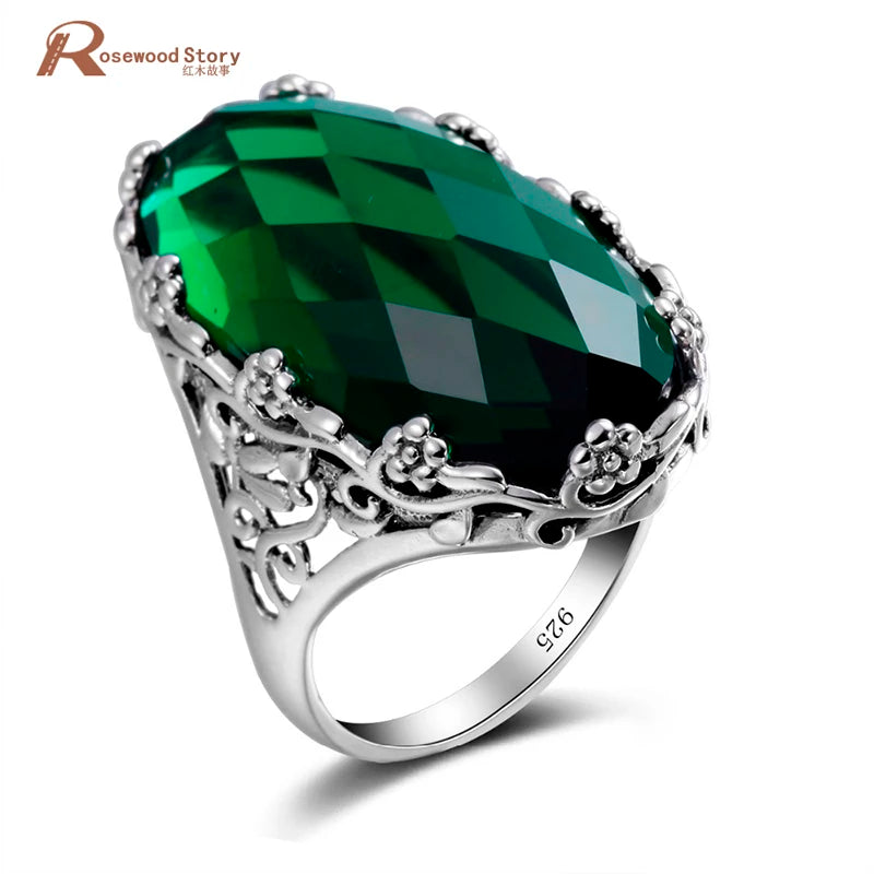 Green Stone Crystal Ring Big Stone Flower Pure 925  Sterling Silver Ring Classic Vintage Jewelry