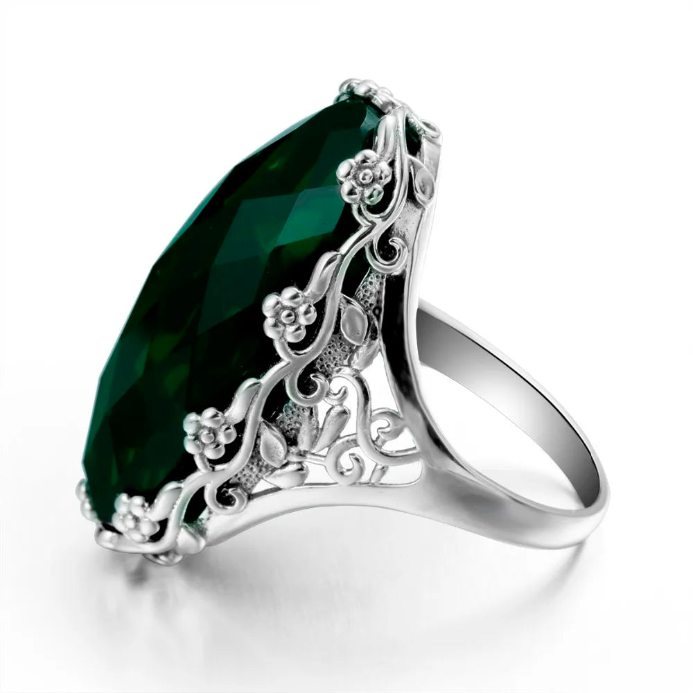 Green Stone Crystal Ring Big Stone Flower Pure 925  Sterling Silver Ring Classic Vintage Jewelry