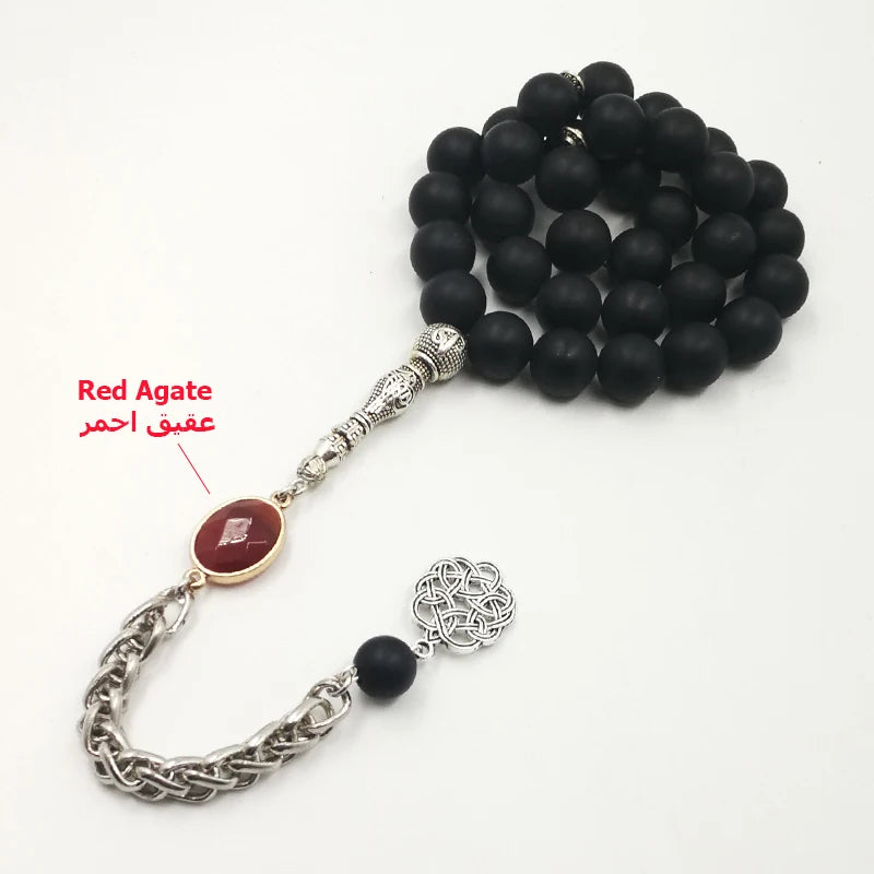 Natural Frosted black agates tasbih with Red Agates  Special Metal tassel Onxy  prayer beads Bracelets